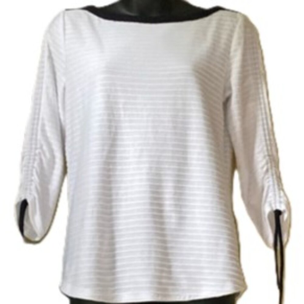 Talbots Cotton Boat Neck Top w/Gathered Sleeves | White/Navy Trim | P